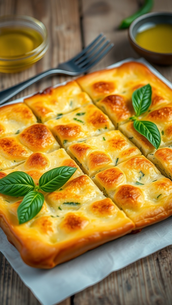Slices of zucchini scarpaccia on a wooden table, garnished with basil, highlighting its golden crust and moist texture.